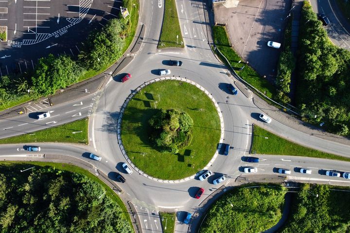 Aerial view of a busy UK roundabout